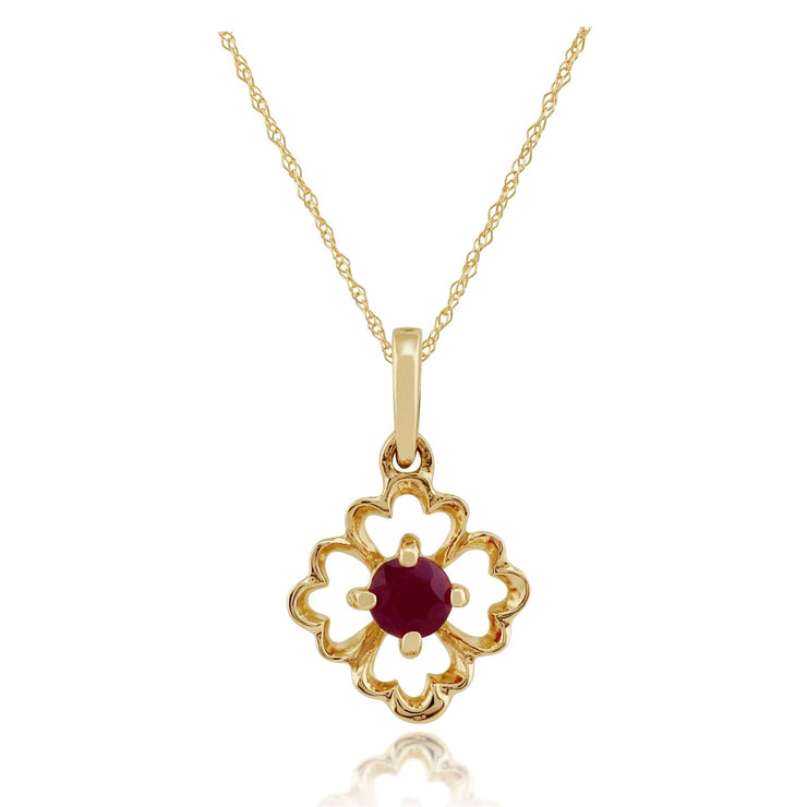 Pendentif Floral Or Jaune 375 Rubis Rond