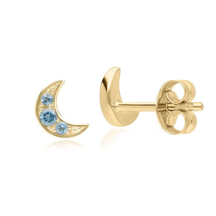 Boucles d'Oreilles Clou Lune Night Sky en Or Jaune 9 Carats avec Topaze Bleu de Londres