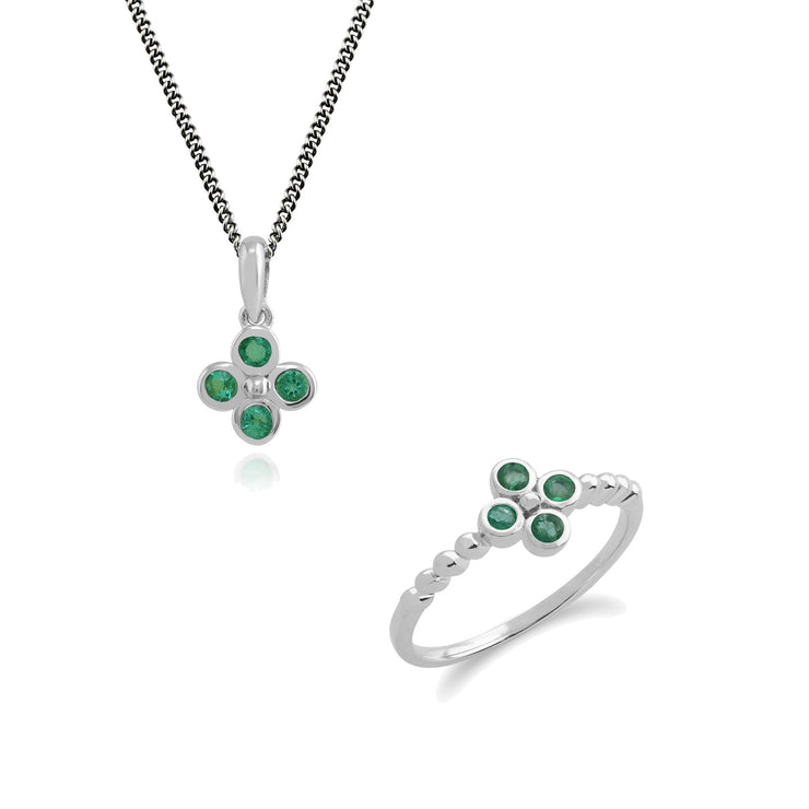 Pendentif et Bague Clou Trèfle Floral Argent 925 Rubis Rond