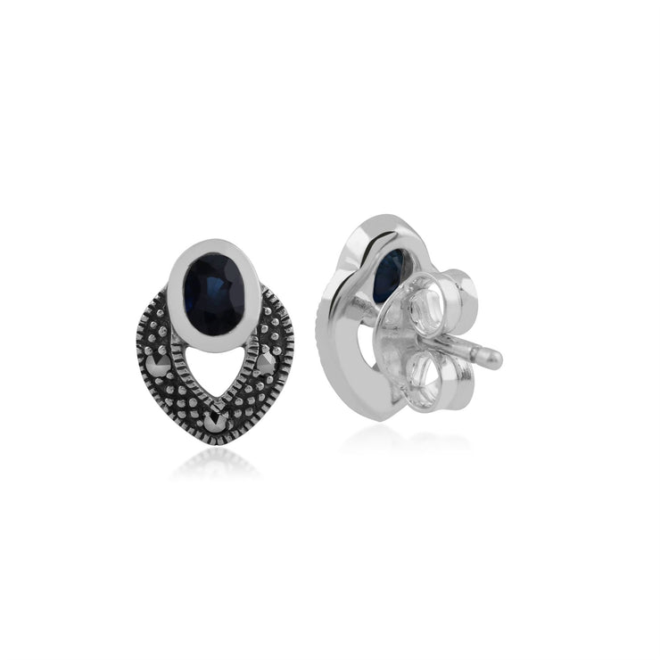 Boucles d'Oreilles Clou Style Art Déco Argent 925 Saphir Oval et Marcassite