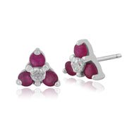 Pendentif et Boucles d'Oreilles Clou Floral Or Blanc 375 Rubis et Diamant Ronds