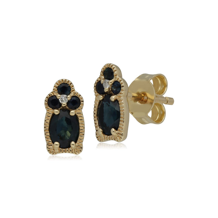 Boucles d'Oreilles Clou Classique Or Jaune 375 Saphir et Diamant