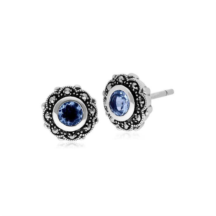 Boucles d'Oreilles Floral Style Art Nouveau Argent 925 Topaze Bleue Rond et Marcassite