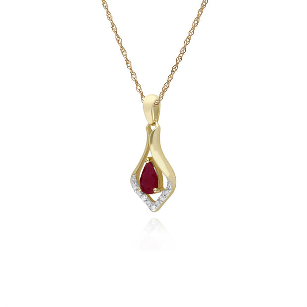 Rubis Collier, 9 Ct or Jaune Ovale Rubis & Diamant Classique Feuille Pendentif sur 45cm Chaîne