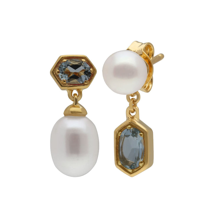 Boucles d'Oreilles Pendantes Asymétriques Perle Moderne Argent 925 Plaqué Or Perle et Aigue-Marine