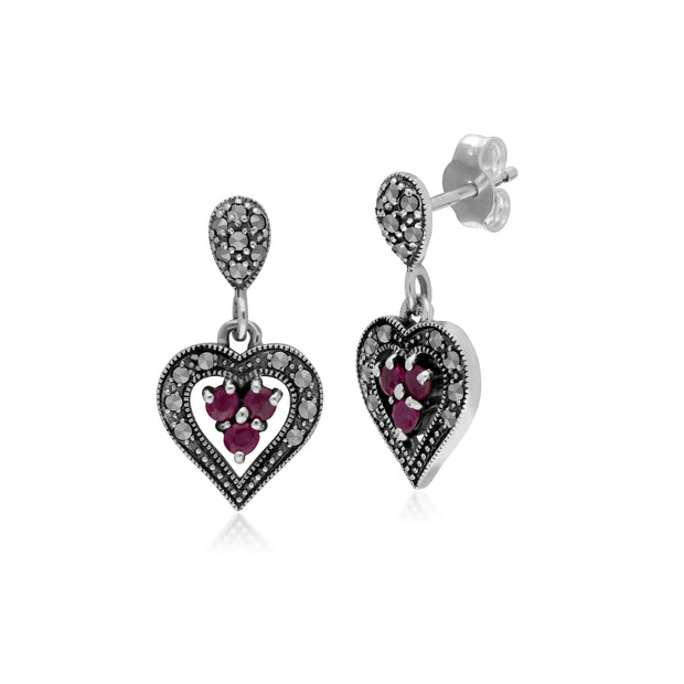 Boucles d'Oreilles Clou et Pendentif Cœur Style Art Nouveau Argent 925 Rubis et Marcassite rond