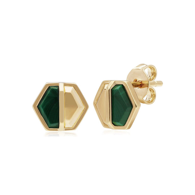 Boucles d'Oreilles Mini Clou Argent 925 Plaqué Or Malachite Hexagone