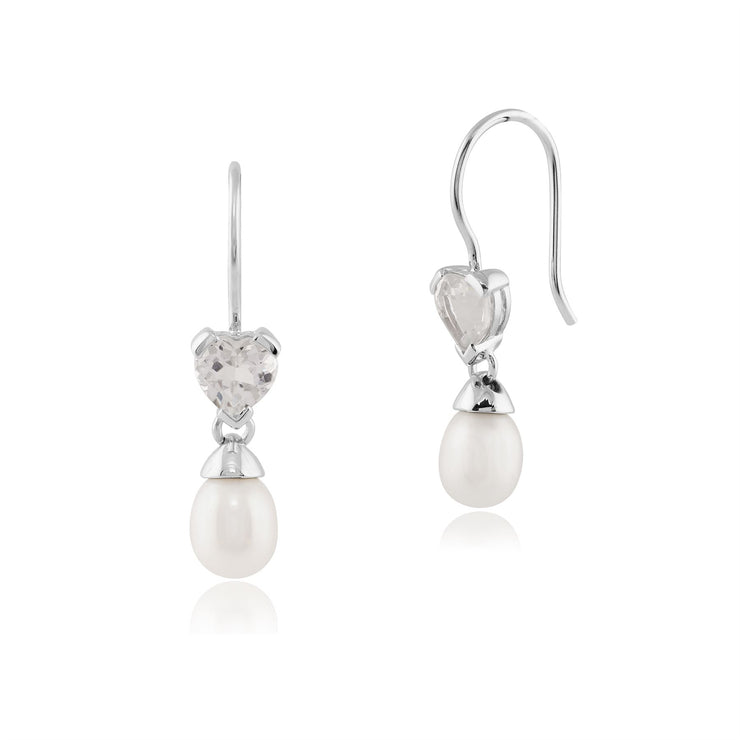 Pendentif et Boucles d'Oreilles Pendantes Cœur Classique Or Blanc 375 Perle et Topaze Blanche