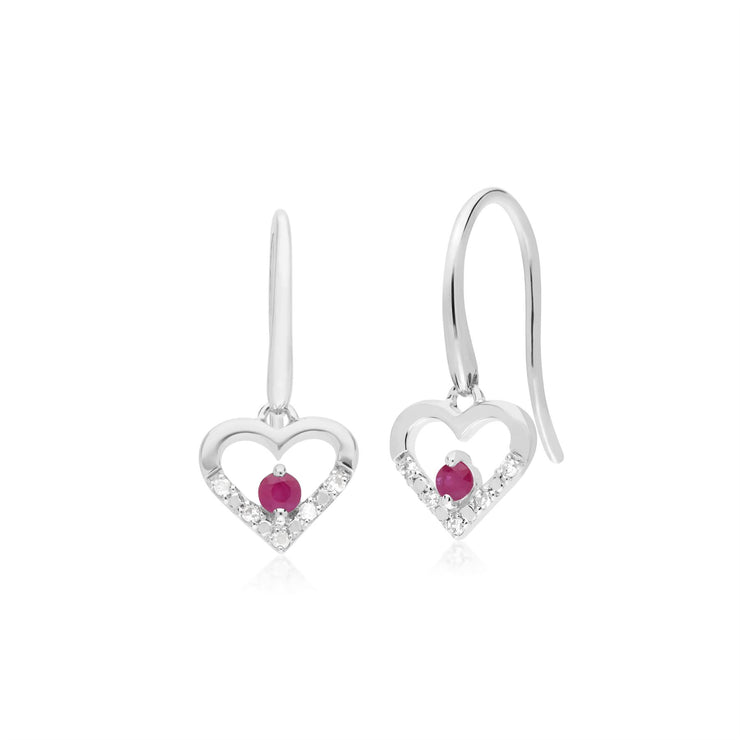 9 ct or Blanc Unique Rubis & Diamant Boucles D'Oreilles Cœur Ouvert