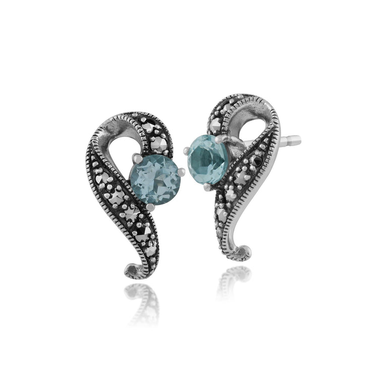 Boucles d'Oreilles Clou Style Art Nouveau Argent 925 Topaze Bleue et Marcassite