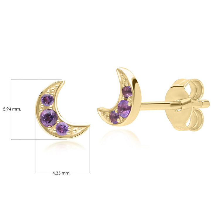 Boucles d'Oreilles Clou Lune Night Sky en Or Jaune 9 Carats avec Améthyste