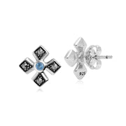 Boucles d'Oreilles Clou Croix Gothique Style Art Déco Argent 925 Topaze Bleue et Marcassite