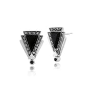 Boucles d'Oreilles Clou Triangulaire Style Art Déco Argent 925 Onyx Noire, Marcassite et Spinelle Noir
