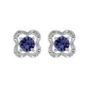 Boucles d'Oreilles Clou Tanzanite Classique Or Blanc 375 et Ear-Jacket Fleur Diamant