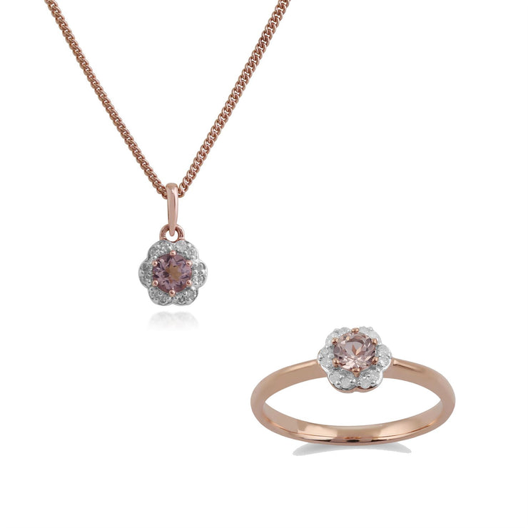 Bague et Pendentif Floral Or Rose 375 Morganite et Diamant