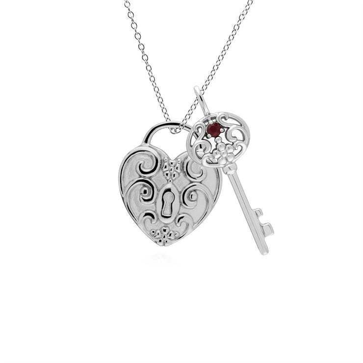 Pendentif Classique Cadenas Cœur Torsadé Argent 925 et Charms Grande Clé Rubis