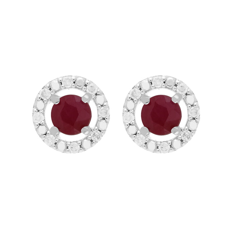 Boucles d'Oreilles Clou Rubis Classique Or Blanc 375 et Ear-Jacket Rond Diamant
