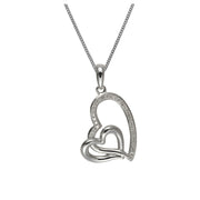 9 ct or Blanc Diamant Double Cœurs 45cm Pendentif sur Chaîne