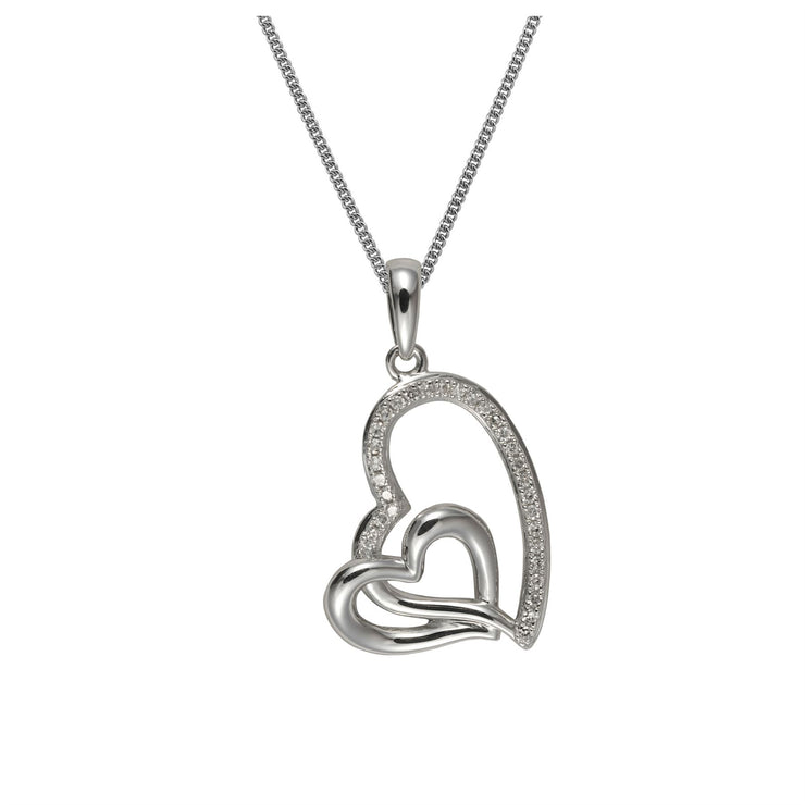 9 ct or Blanc Diamant Double Cœurs 45cm Pendentif sur Chaîne