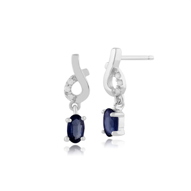 Boucles d'Oreilles Pendantes Classique Or Blanc 375 Saphir Rond Bleu Clair et Diamant