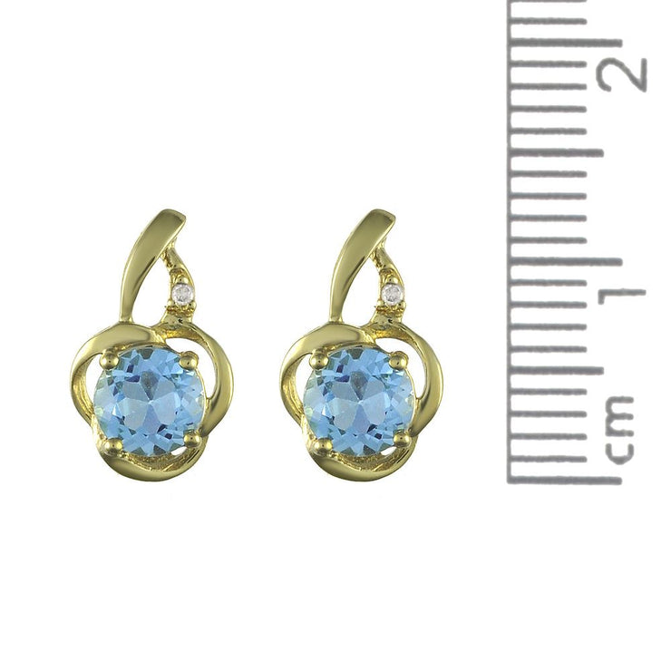 Pendentif et Boucles d'Oreilles Clou Floral Classique Or Jaune 375 Topaze Bleue et Diamant