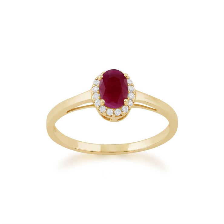 Bague Classique Or jaune 375 Rubis et Diamant Halo