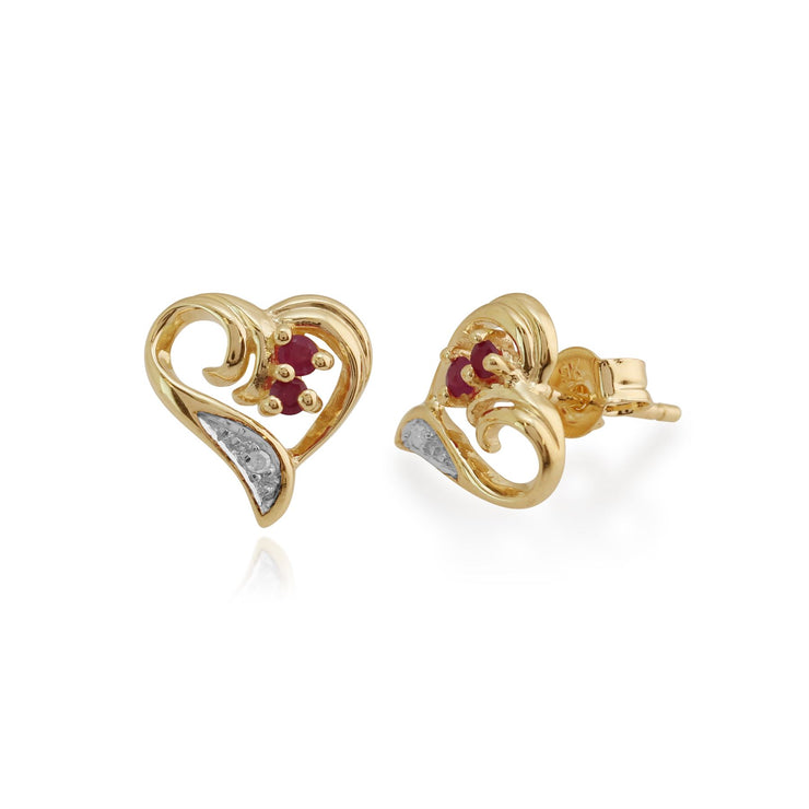 Boucles d'Oreilles Classique Clou Or Jaune 375 Cœur Torsadé Rubis et Diamant