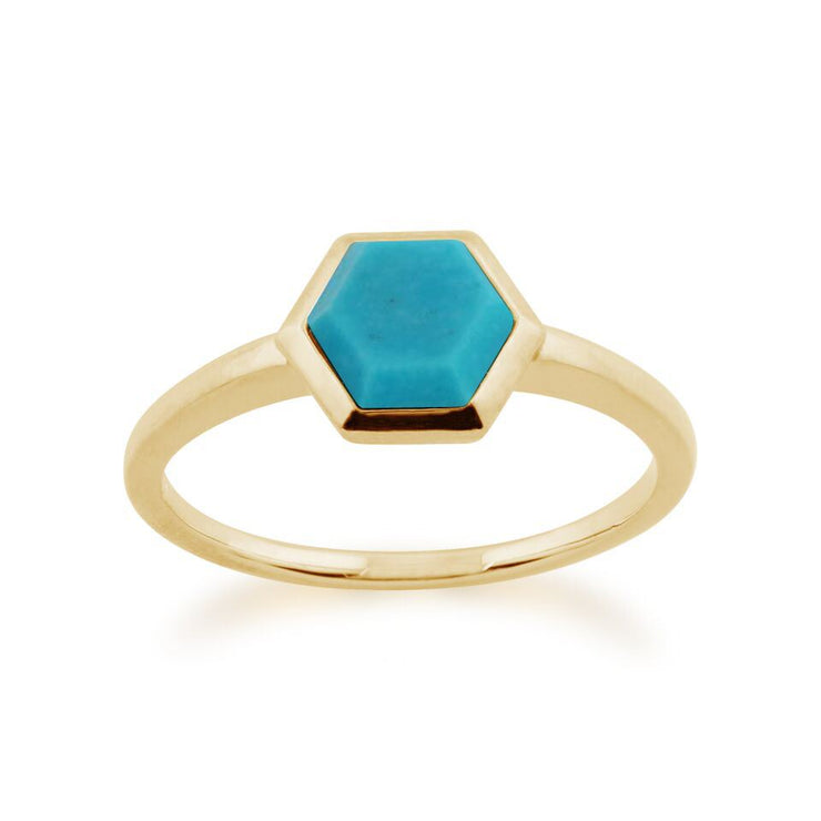 Bague Géométrique Argent Plaqué Or Turquoise Prisme Hexagonal