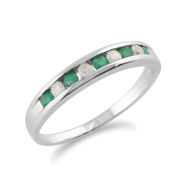 Bague Demi-Eternité en Or Blanc 9ct avec Emeraudes et Diamants Ronds