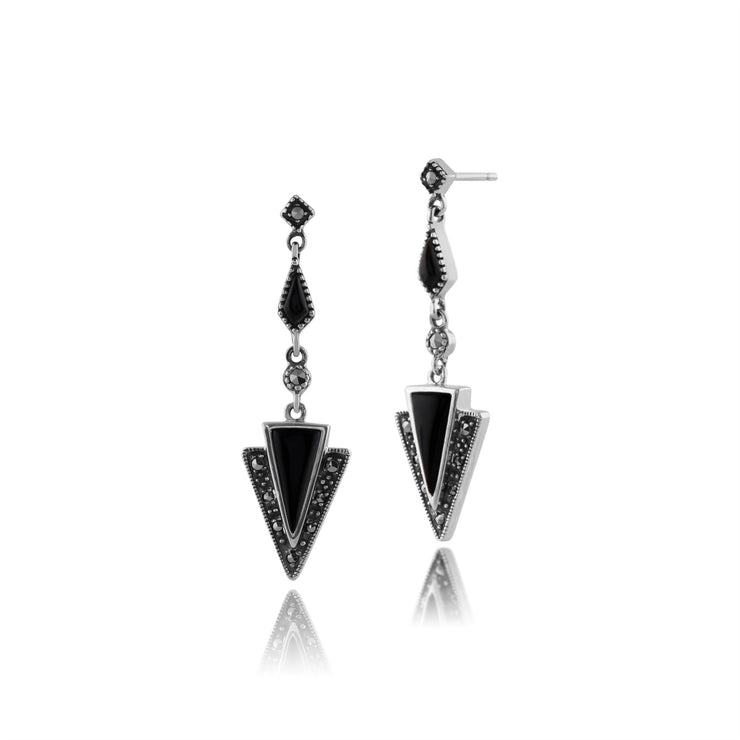 Collier et Boucles d'Oreilles Pendantes Traingle Style Art Déco Argent 925 Onyx Noire et Marcassite