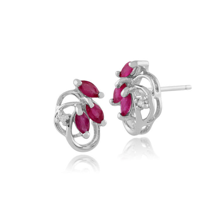 Boucles d'Oreilles Clou Floral Or Blanc 375 Rubis et Diamant