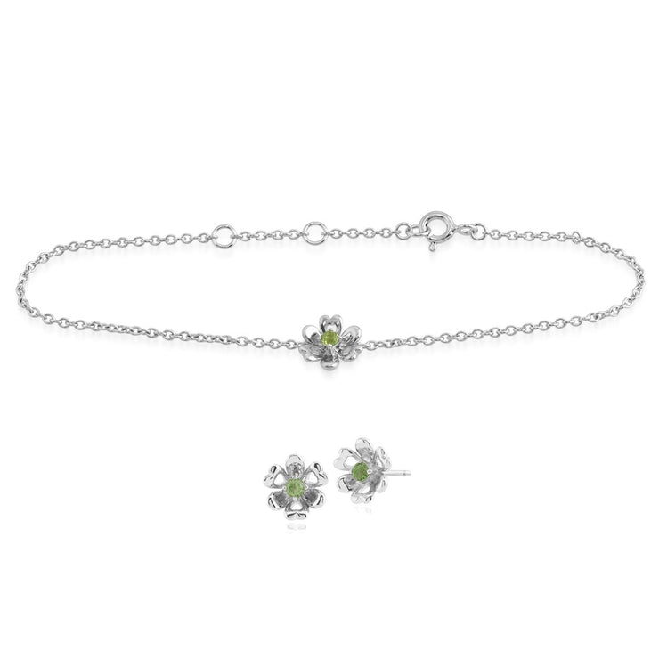 Bracelet et Boucles d'Oreilles Clou Marguerite Style Floral Argent 925 Péridot Rond