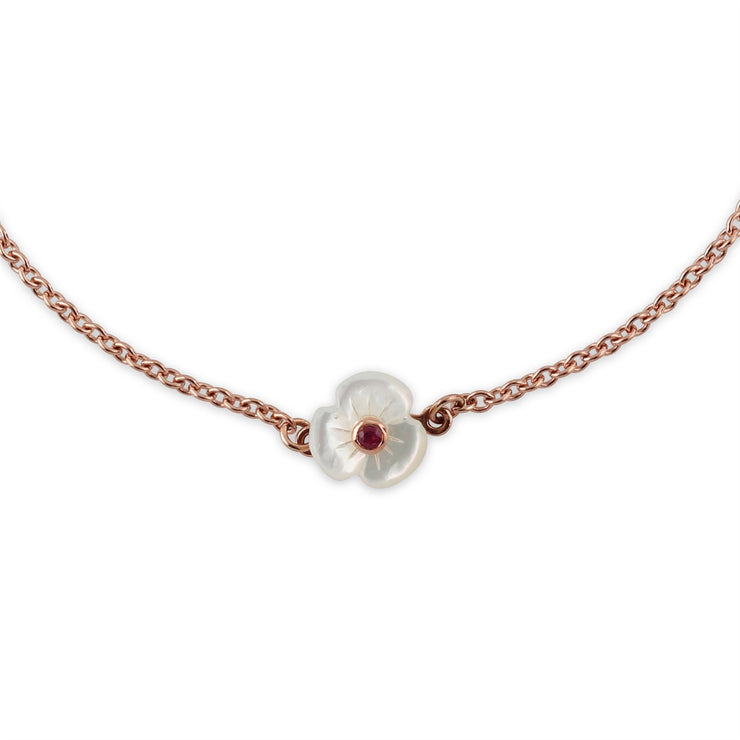 Bracelet et Bague Coquelicot Floral Argent 925 Plaqué Or Rose Rubis Rond et Nacre