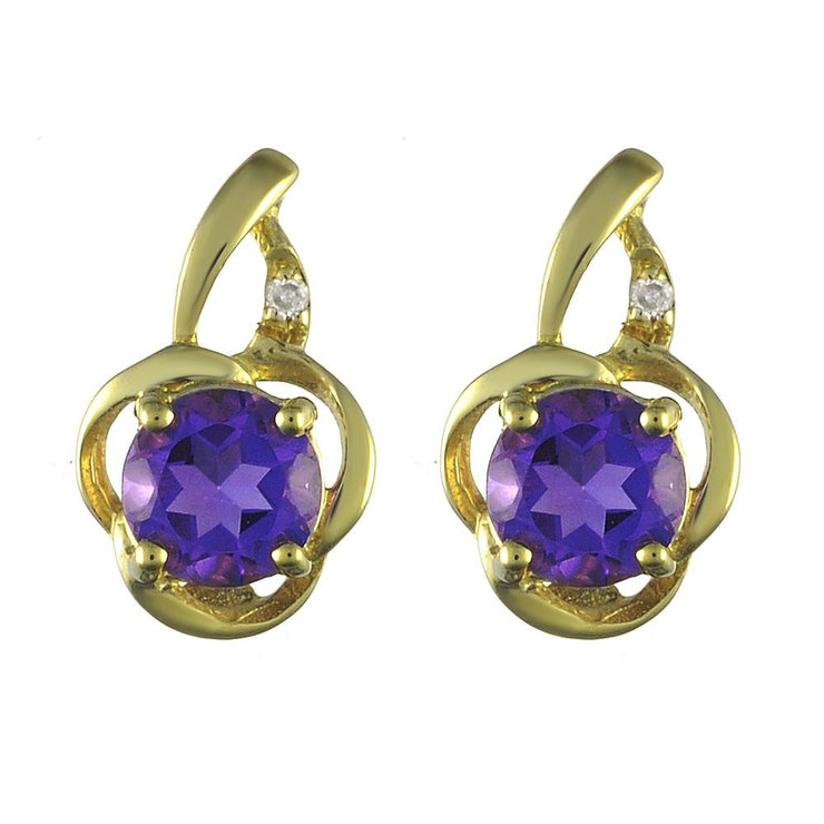 Pendentif et Boucles d'Oreilles Clou Floral Classique Or Jaune 375 Améthyste et Diamant