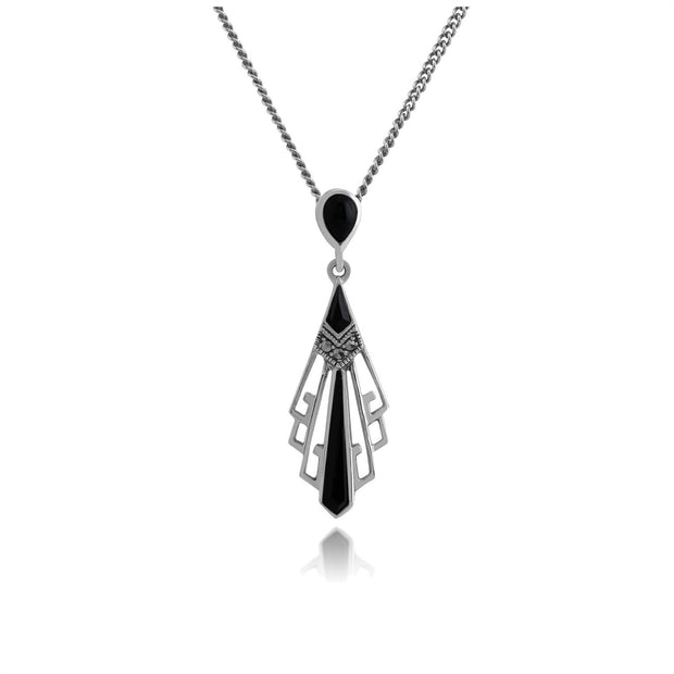 Pendentif Eventail Ajouré Style Art Déco Argent 925 Onyx Noire et Marcassite