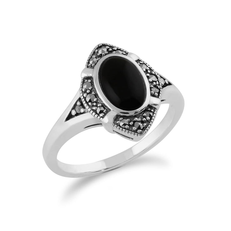 gemondo Art Déco Bague, en argent sterling 925 1.00 Carat ONYX NOIR & marcassite art déco bague