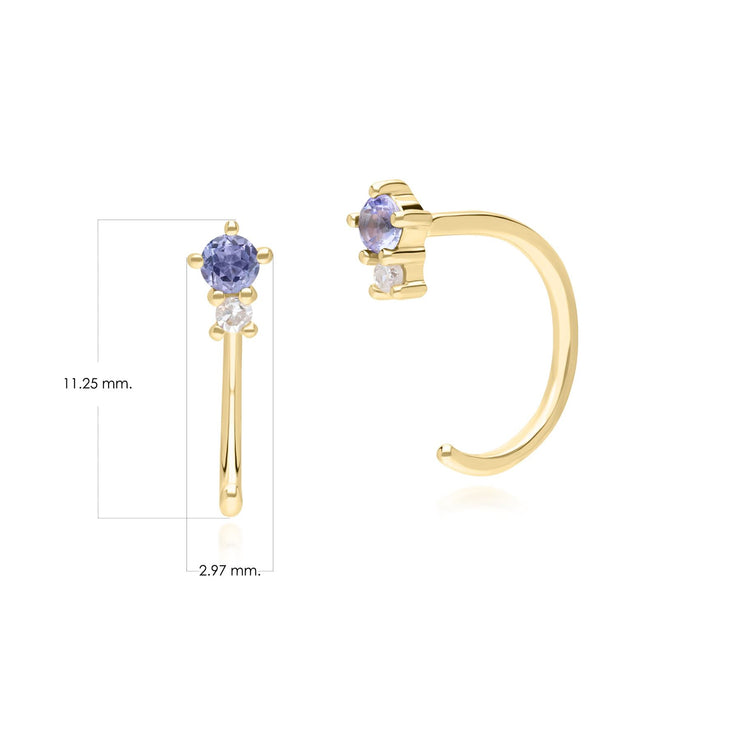 Boucles d'Oreilles Créoles Pull Through Modern Classic en Or Jaune 9 carats avec Tanzanite et Diamants