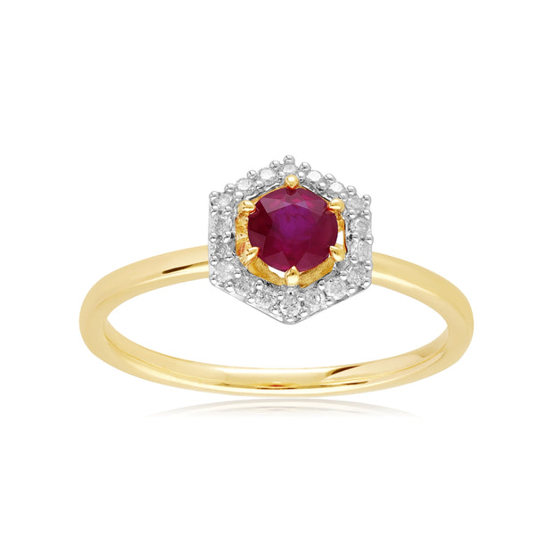 Bague Fiançailles Halo Or Jaune 750 Rubis 0,48ct et Diamant