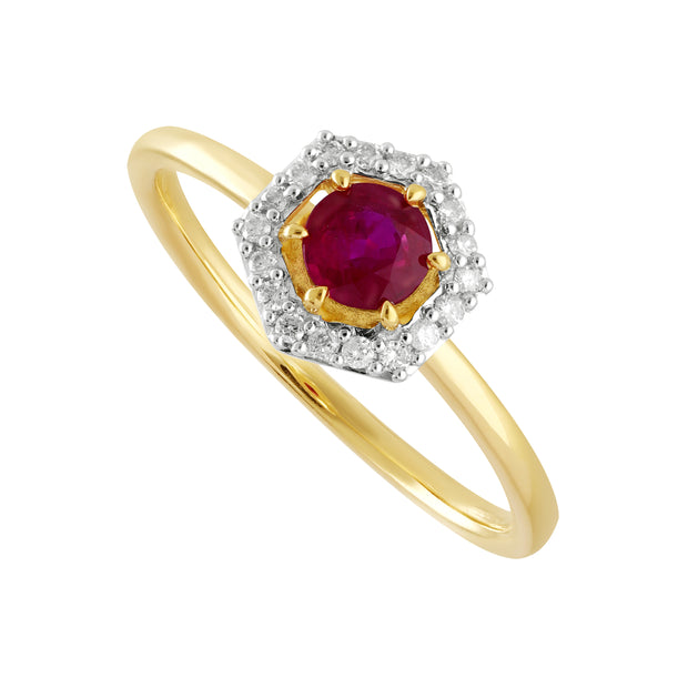 Bague Fiançailles Halo Or Jaune 750 Rubis 0,48ct et Diamant