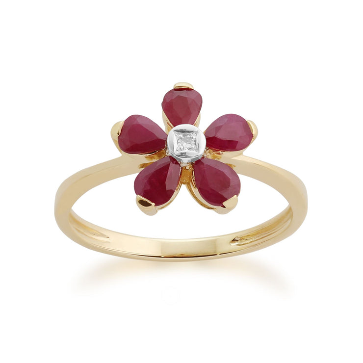 Bague Florale Or Jaune 375 Rubis et Diamant