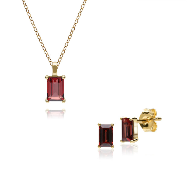 Pendentif et Boucles d'Oreilles Clou Classique Or Jaune 375 Grenat Baguette