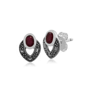 Boucles d'Oreilles Clou Style Art Déco Argent 925 Rubis Oval et Marcassite