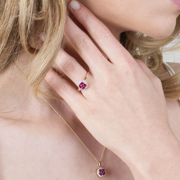 Gemondo Bague Rubis, 9 CT or Jaune Rubis Serti et Bague Diamant Halo - rubis