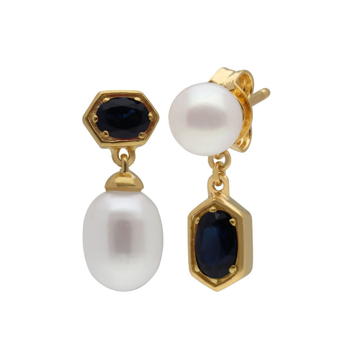 Boucles d'Oreilles Pendantes Asymétriques Perle Moderne Argent 925 Plaqué Or Perle et Saphir