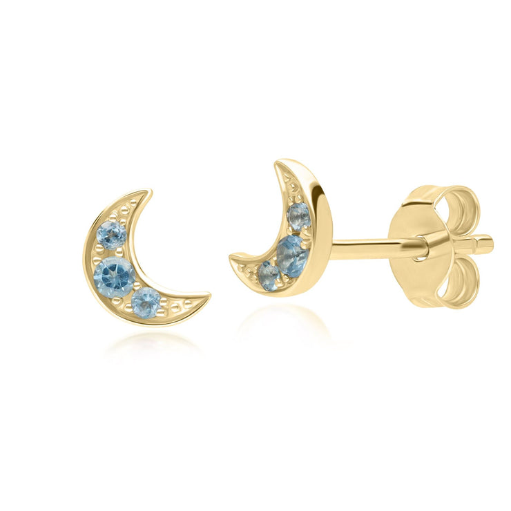 Boucles d'Oreilles Clou Lune Night Sky en Or Jaune 9 Carats avec Topaze Bleu de Londres