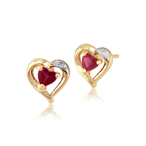 Boucles d'Oreilles Clou Classique Or Jaune 375 Rubis Cœur et Diamant style Cluster