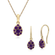 Boucles d'Oreilles Pendantes et Pendentif Poire Classique Or Jaune 375 Améthyste Cluster