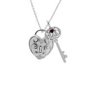 Pendentif Classique Cadenas Cœur Torsadé Argent 925 et Charms Grande Clé Grenat