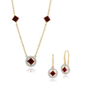 Collier et Boucles d'Oreilles Pendantes Or Jaune 375 Rubis Carré et Diamant Halo