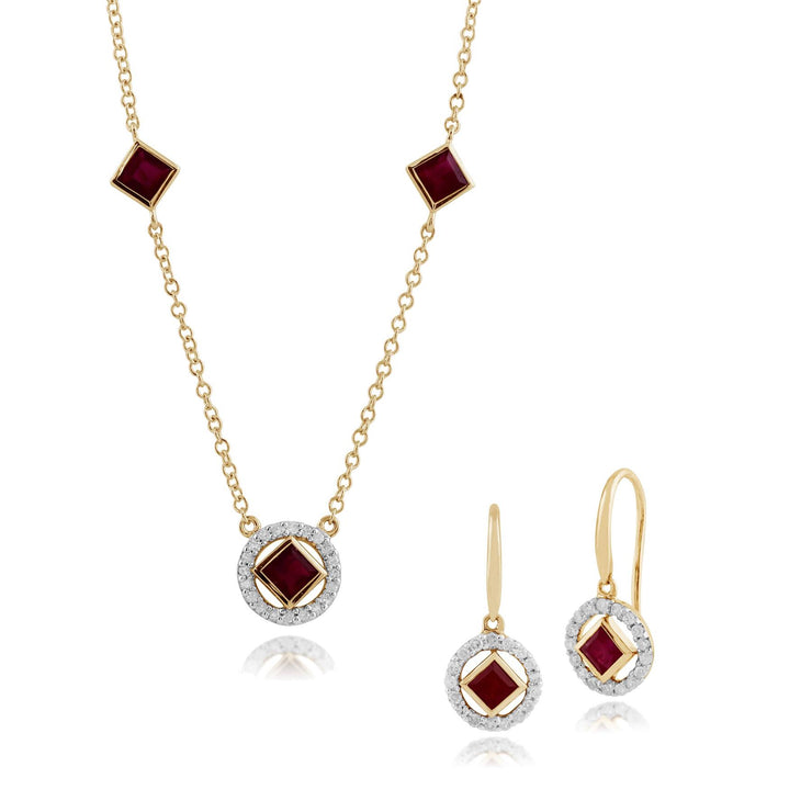 Collier et Boucles d'Oreilles Pendantes Or Jaune 375 Rubis Carré et Diamant Halo